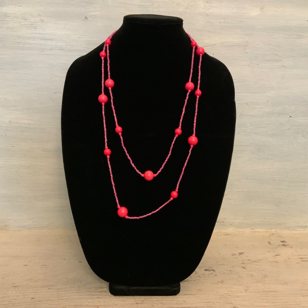 Hot Pink Long Beaded‎ Wrap Layered Double Strand Statement Necklace 15-30" GC